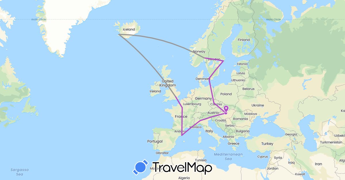 TravelMap itinerary: driving, plane, train in Czech Republic, Denmark, Spain, France, United Kingdom, Hungary, Iceland, Italy, Norway, Sweden (Europe)