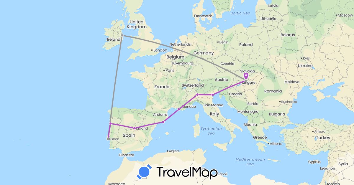 TravelMap itinerary: driving, plane, train in Spain, France, Hungary, Ireland, Italy, Portugal (Europe)