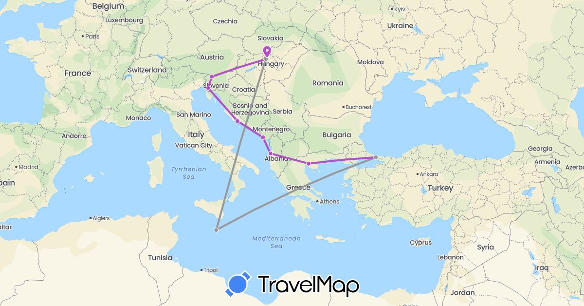 TravelMap itinerary: driving, plane, train in Albania, Greece, Croatia, Hungary, Italy, Montenegro, Malta, Slovenia, Turkey (Asia, Europe)