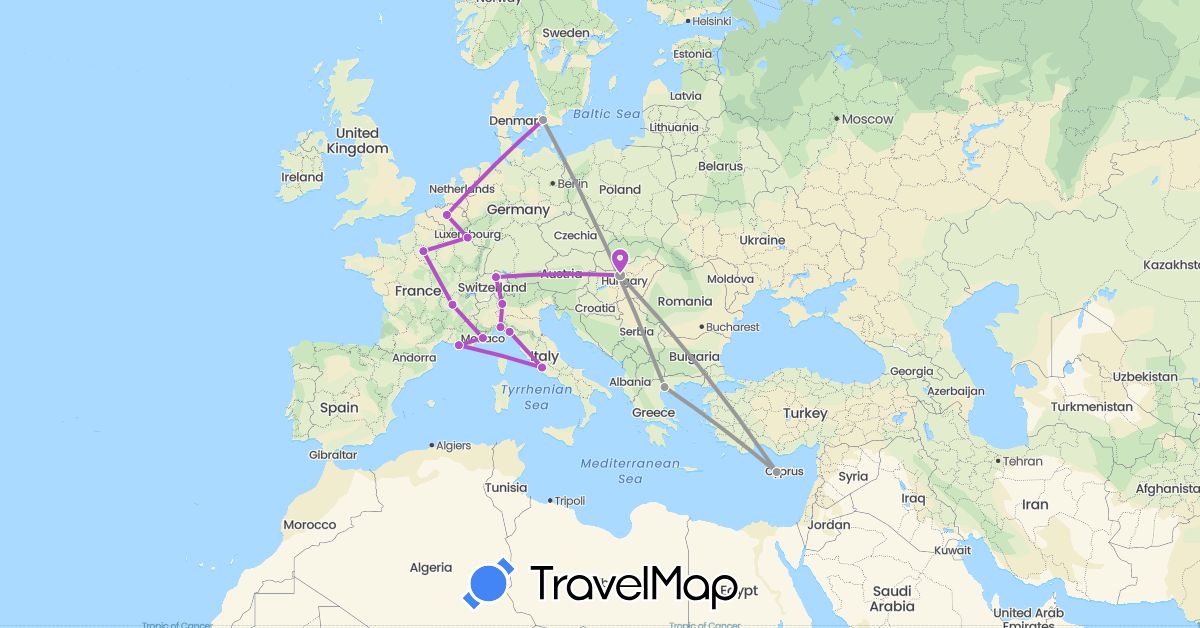 TravelMap itinerary: driving, plane, train in Belgium, Switzerland, Cyprus, Denmark, France, Greece, Hungary, Italy, Luxembourg, Monaco (Asia, Europe)