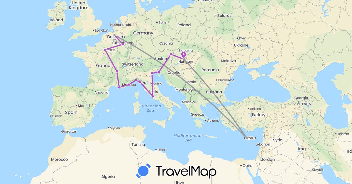 TravelMap itinerary: driving, plane, train in Austria, Belgium, Cyprus, France, Hungary, Italy, Luxembourg, Monaco (Asia, Europe)
