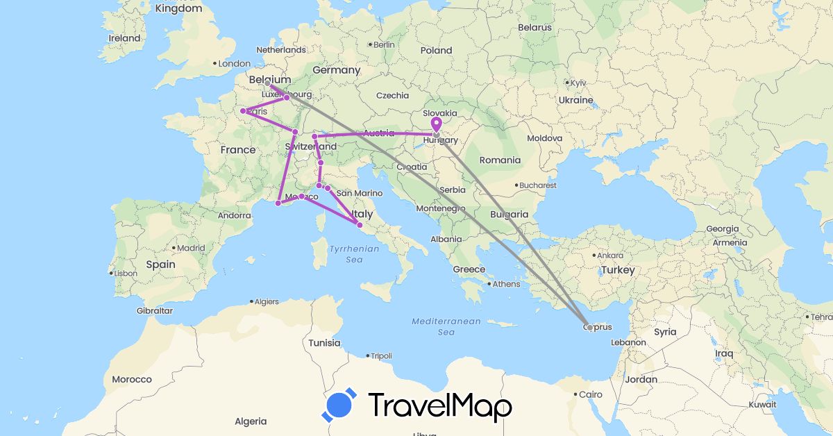 TravelMap itinerary: driving, plane, train in Belgium, Switzerland, Cyprus, France, Hungary, Italy, Luxembourg, Monaco (Asia, Europe)
